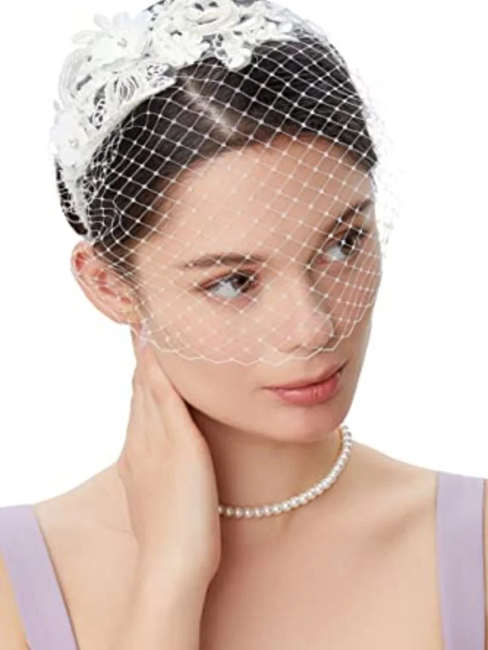 Vintage Style Mesh Veil Fascinator Headband with Floral Lace